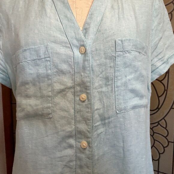 Pure Navy Linen Teal Button Down Midi Shirt Dress Pockets Beachy Coastal Size S - Picture 8 of 14